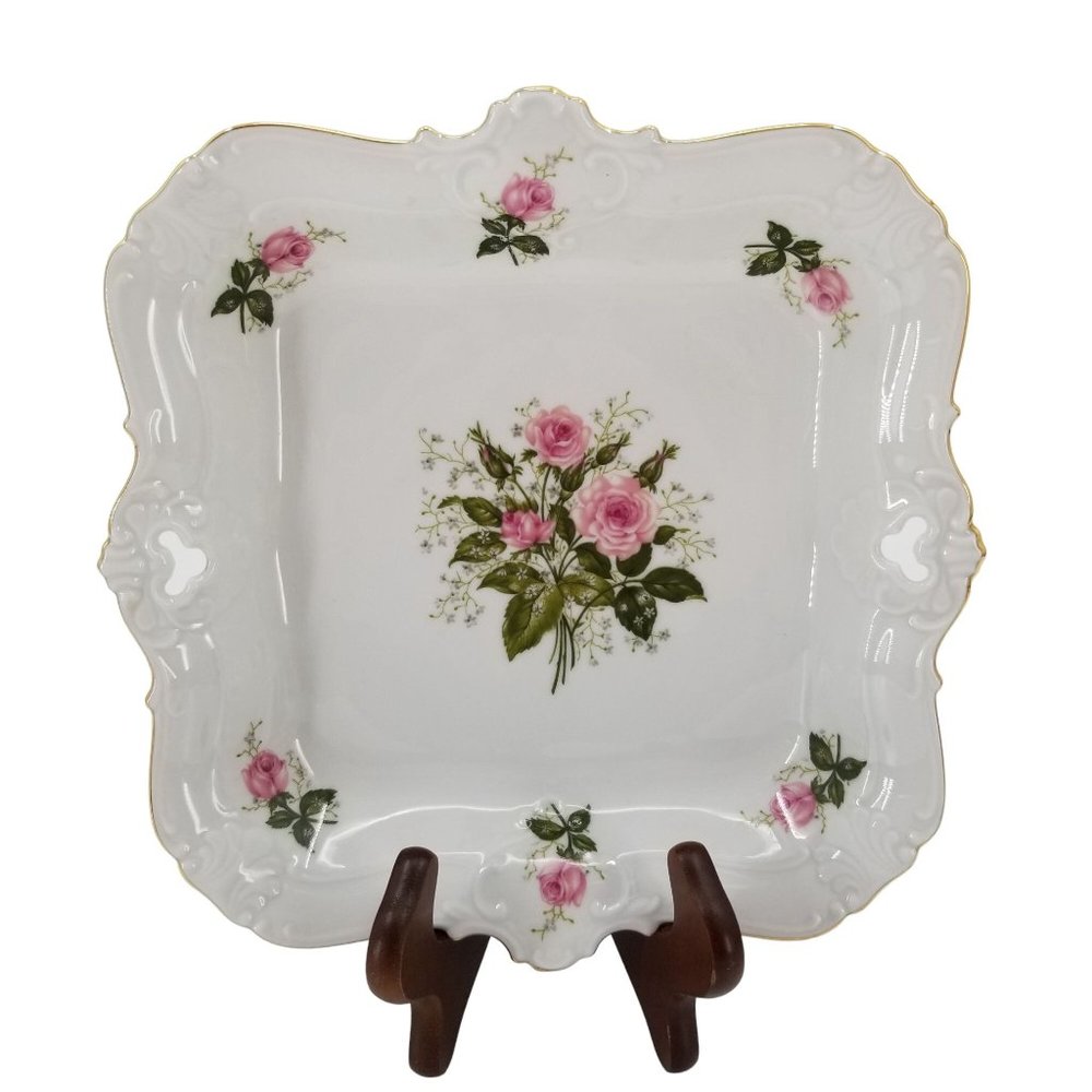 Vintage Bavaria Porcelain Square Plate With Pink Roses & Gold Trim 8.5"